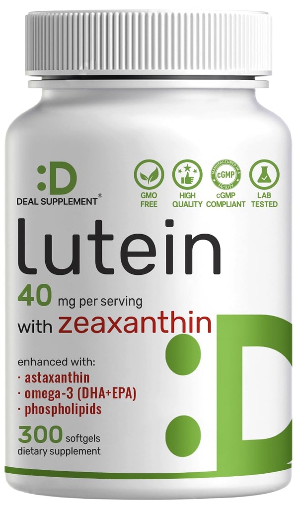 Lutein och Zeaxanthin Supplements, 40mg Per Serving, 300 Softgels - Plus Astaxanthin, Omega-3s, & Fosfolipider - Icke-GMO