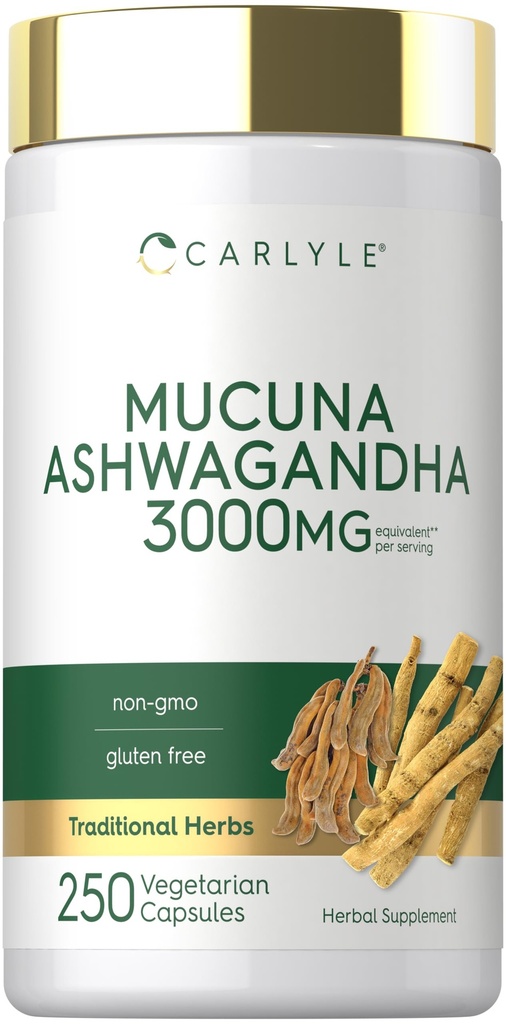 Carlyle Mucuna med Ashwagandha | 3000mg | 250 kapslar | Mucuna Pruriens Supplement | Vegetarian, Non-GMO, Gluten Free