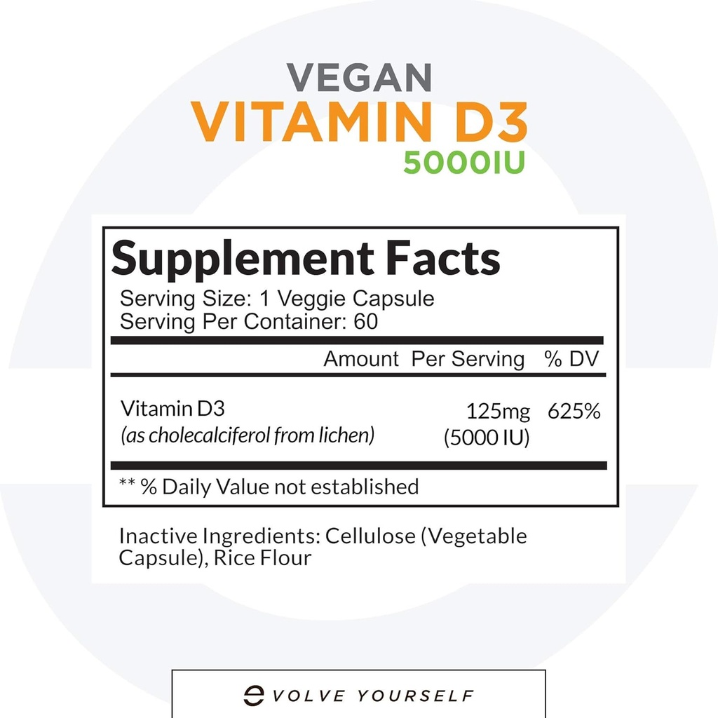 Vegan Vitamin D3 5000 IE Supplement - Pure, High Potency D3 Vitamin 5000 IE Supplements for Immune Health & Strong Bones Support - 120 kapslar, vilket ger en 2-månaders leverans av VIT D3