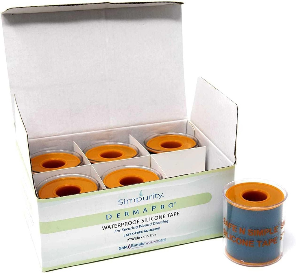 Simpurity DermaPro Silicone Tape Waterproof -2 "x15" Individual Pack med 6- Latex Free Tape Medical för att säkra sårklänning - Silicone Wound Healing Tape för känslig hud vattentät