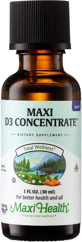 Maxi Health Vitamin D3 Concentrate - 1000 IE Per Drop - Kosttillskott - Stöder Calcium Absorption, immunhälsa och benhälsa hos vuxna kvinnor och män (1 fl oz)