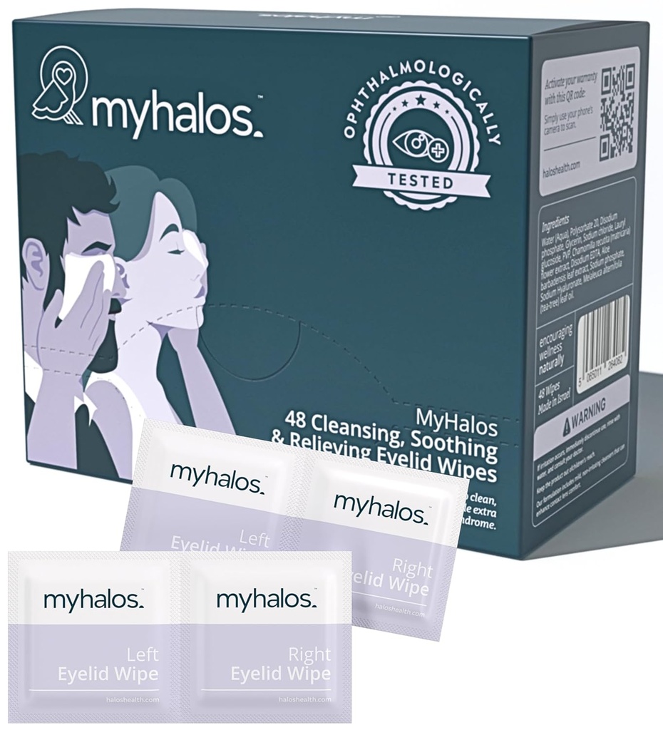 MyHalos® 48 Hydrating Eyelid Wipes for Dry Eye Relief - Moisturizing & Soothing Eye Wipes with Tea Tree - Hjälper med Blepharitis & Computer Vision Syndrome, Blepharitis Behandling för ögonlock, rengöring
