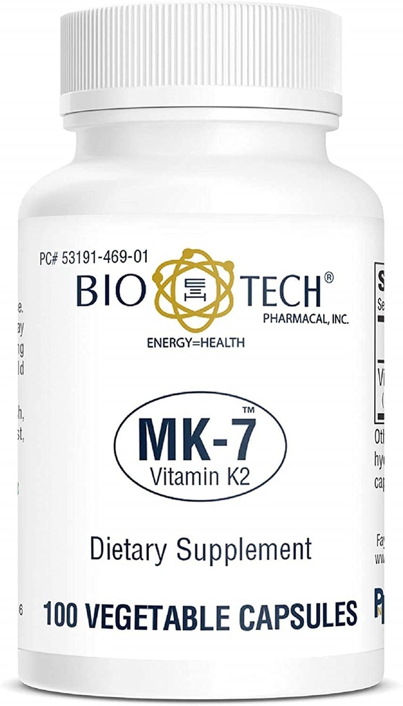 Bio-Tech Pharmacal MK-7 (Vitamin K2), 100 Vegetable Capsules - All-Natural Supplement - Stöder Cardiovascular & Bone Health - No Dairy, Fish, Gluten, Peanut, Shellfish, GMO, Kosher, Halal, & Soy -