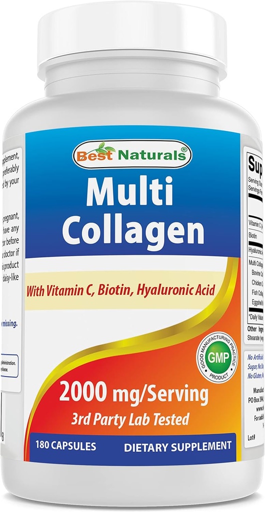 Bästa Naturals Multi Collagen Pills 2000mg för kvinnor och män - Hydrolyserad Collagen Peptides Capsules för hårskinn och naglar med typ I II III V X, Biotin, Hyaluronic Acid & Vitamin C
