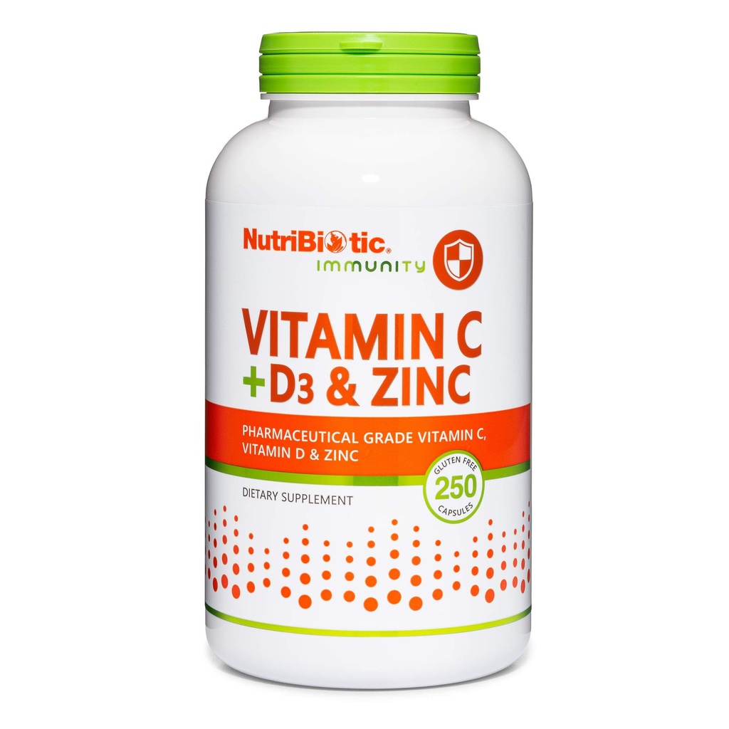 NutriBiotic - Vitamin C + Vitamin D3 & Zink, 250 kapslar | Potent, omfattande immunstöd | Essential & Antioxidant Daily Supplement | Gluten & GMO Free