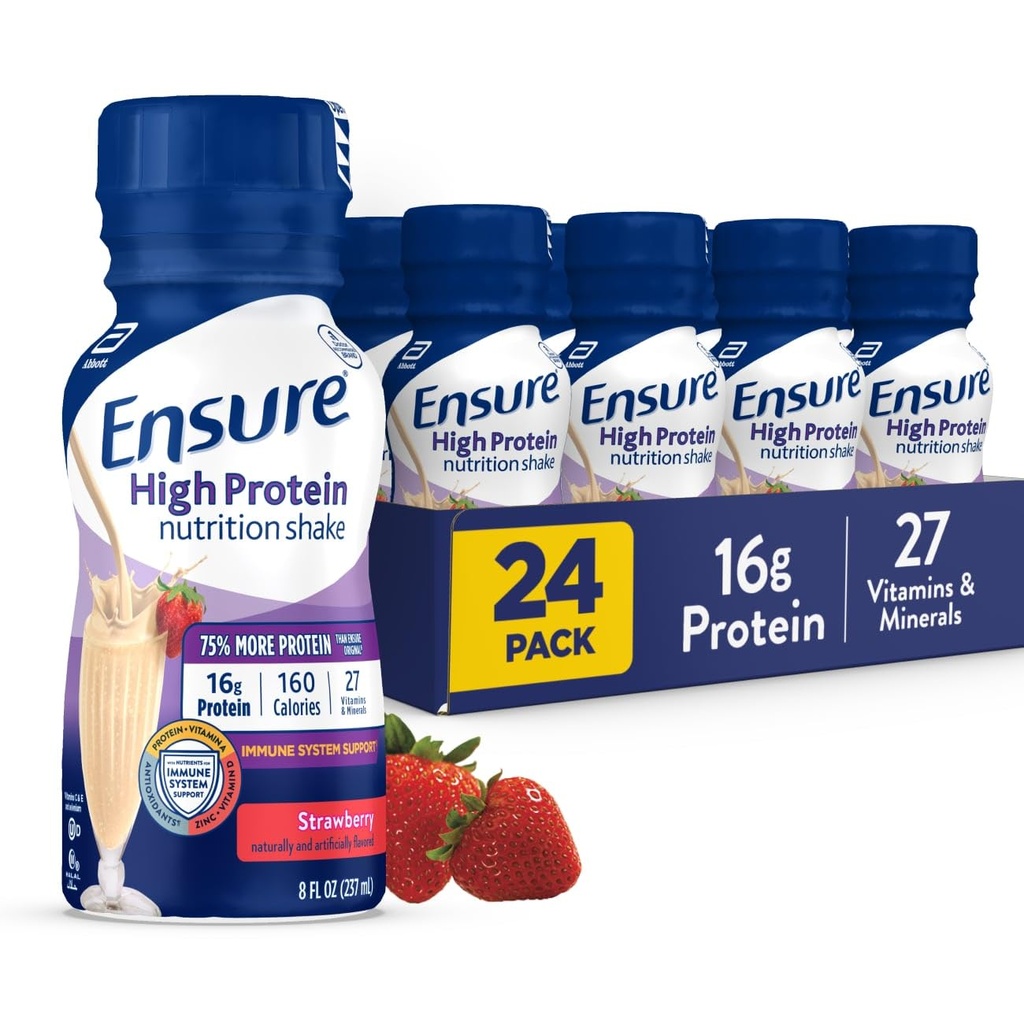 Säkerställ High Protein Strawberry Nutrition Shake, redo att dricka, 16g Protein och 27 Vitaminer och mineraler, 8 fl oz, 24 Pack