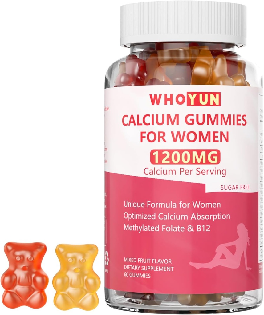 Calcium Gummies for Women 1200 mg, Unique Formula with Folate, B6, B12, D3, Magnesium, Zinc, Calcium Citrate Chewable Supplement for Bone, Skin Health, 60 Count