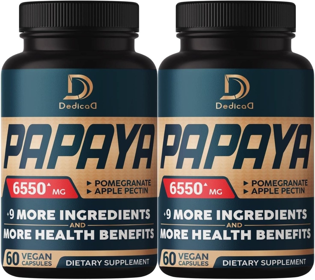 10in1 Pure Papaya Enzymes for Digestion 6550mg 4 Months Support Digestion, Immune & Body Health - Blended med extraherad granatäpple, Apple Pectin, Ginger, gurkmeja, Peppermint - 2 Packs 60 Counts