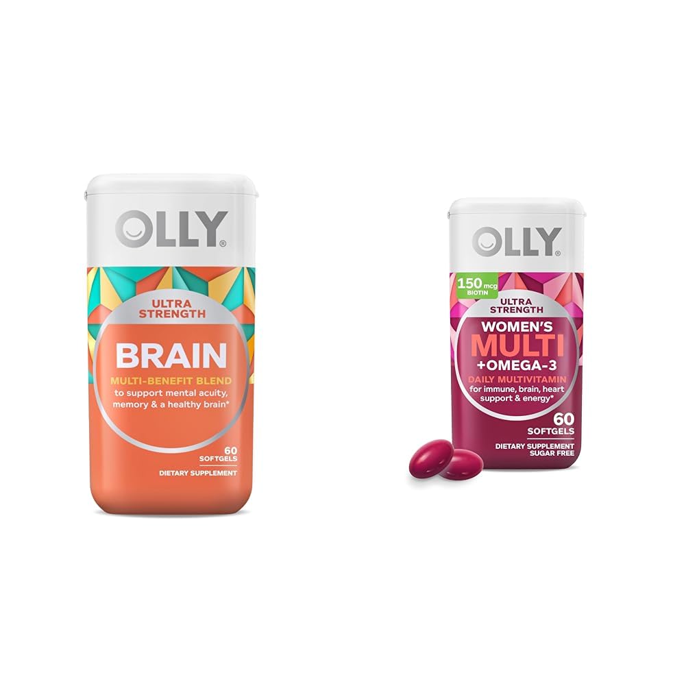 OLLY Ultra Strength Brain Softgels, Nootropic, stöder hälsosam hjärnfunktion, minne, fokus och Ultra Women's Multi Softgels, Overall Health och Immune Support, Omega-3s, Järn, vitamin A, D