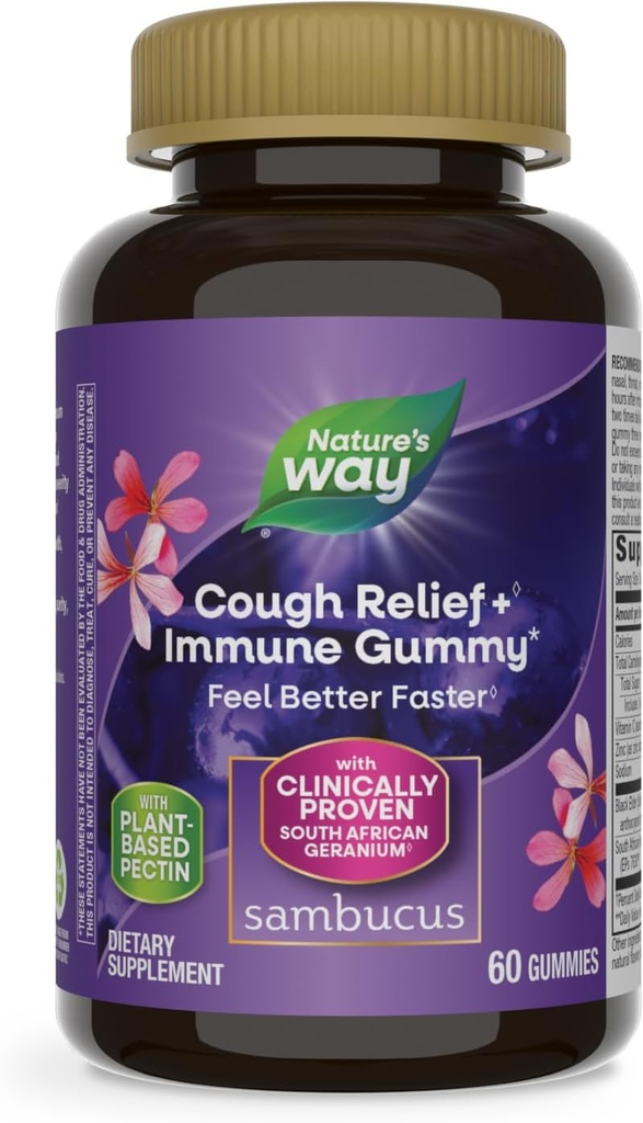 Naturens sätt Sambucus Cough Relief +, Immune Gummy, Känn bättre snabbare, kliniskt beprövad sydafrikansk geranium Root Extract, med Elderberry Extract, Vitamin C & Zink, 60 Gummies (Packaging May Vary)