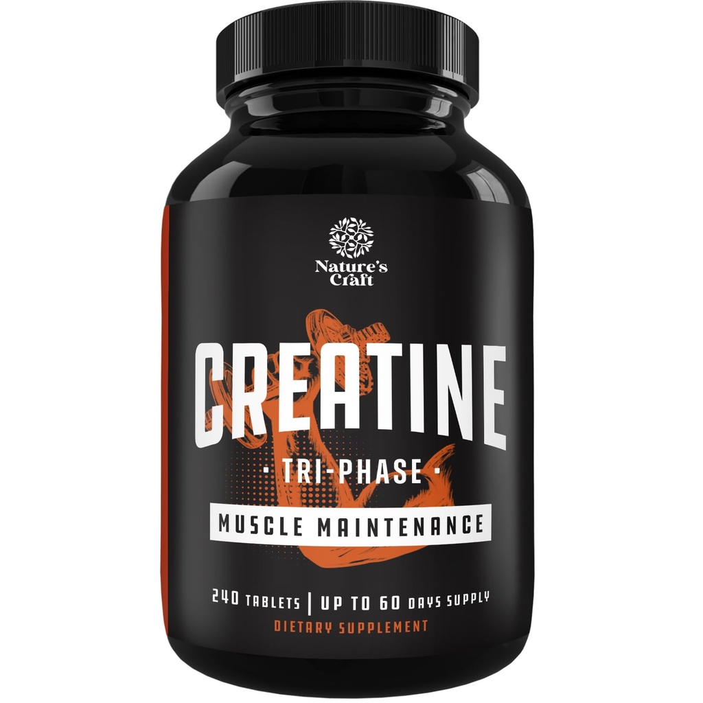 Natures Craft High Strength Tri Fase Creatine tabletter för kvinnor och män - Formel Blend of Creatine Monohydrate, 300mg HCL & Pyruvate Supplement - Muscle Mass Gain & Recovery Supplement - 240 tabletter