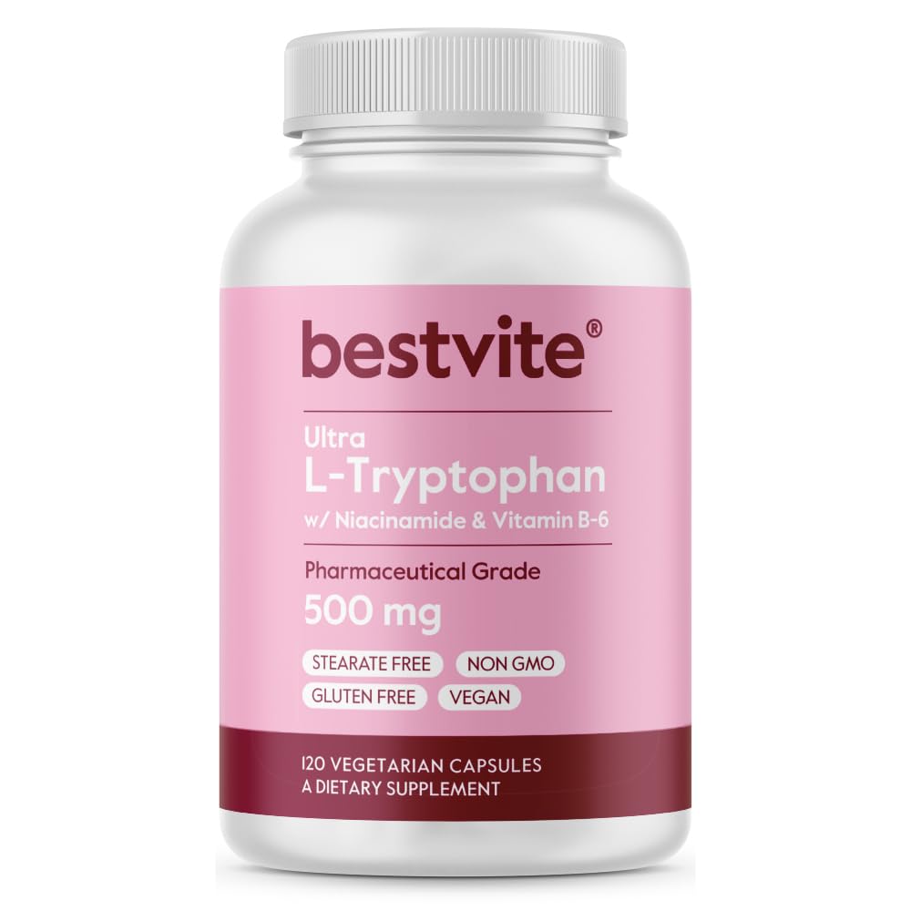 BESTVITE L-Tryptophan 500mg med B3 & B6 (120 vegetariska kapslar) - Inga fillers - Inga Stearates