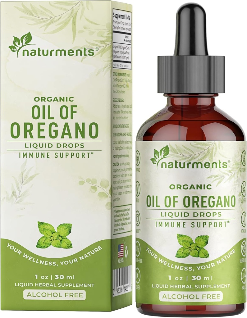 Naturments Oregano Oil Drops för Immune Support & Gut Health. Vegan, icke-GMO, sockerfri och glutenfri organisk vild Medelhavet Oreganoolja med organisk extra jungfruolja - 1 Fl Oz 30 Ml
