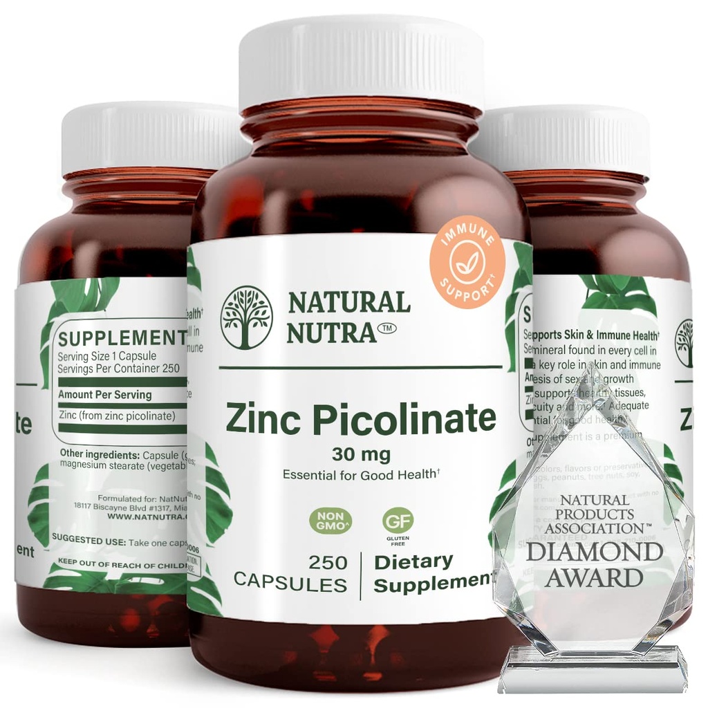Natural Nutra Zinc Picolinate 30 mg, dubbel styrka, rå och ren, mycket biotillgänglig tillskott för tillväxt och immunstöd, hjälper till att stödja metaboliskt system, minska vanlig kall 250 kapsel