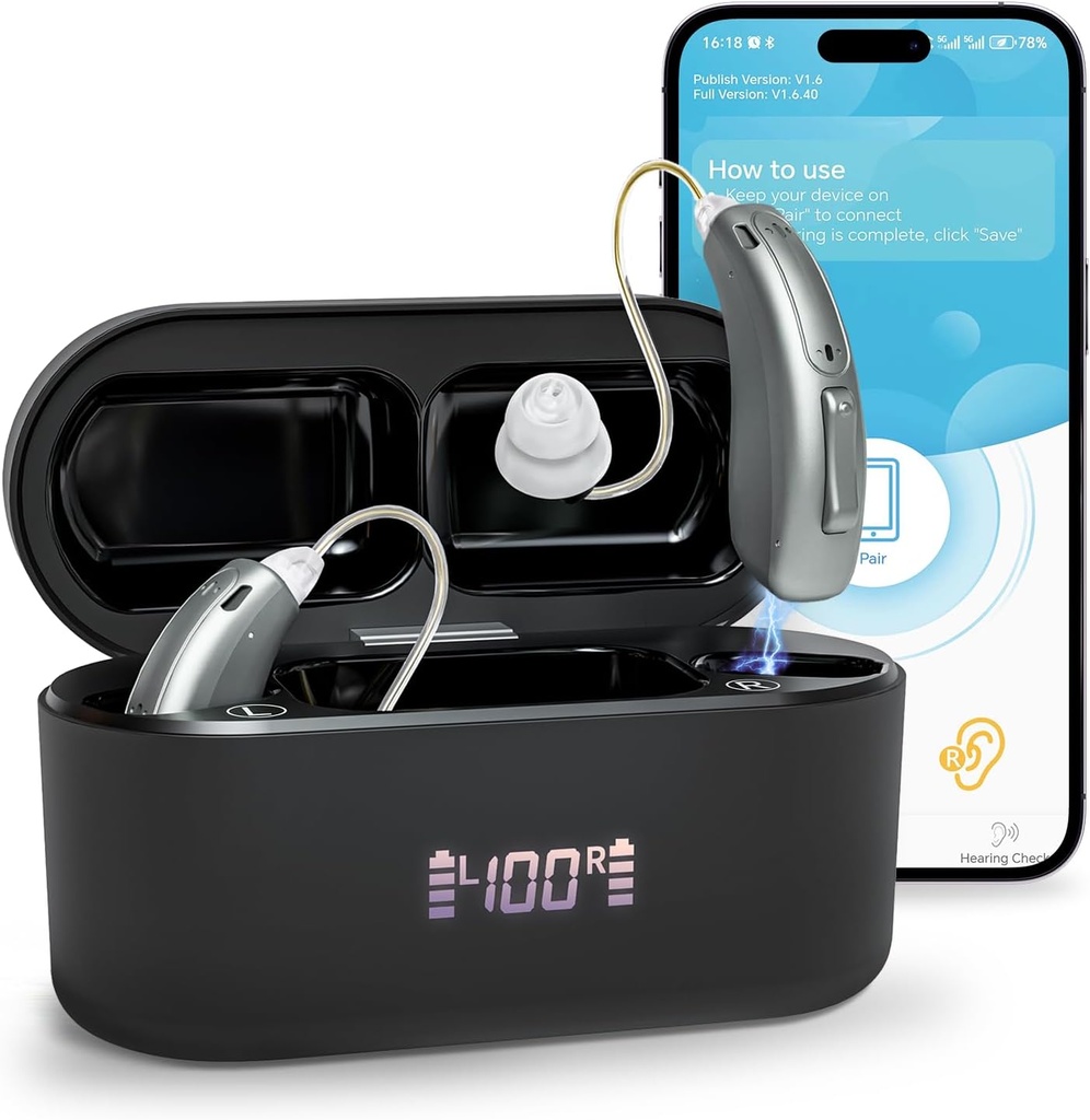 Hörapparater (inte förstärkare), Bluetooth laddningsbara hörapparater för seniora vuxna, Superior Sound Quality OTC Smart Hearing Aid med bulleravbokning, Bluetooth Enabled & App Control, 4 Modes