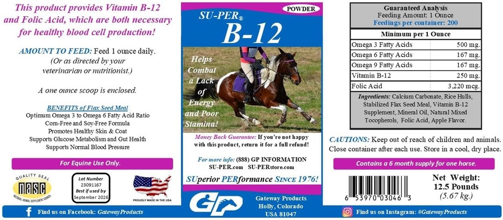 SU-PER B-12 Energy Horse Supplement - Equine Vitamins B-12 & B-9 Folic Acid Support Powder - 12,5 pund, 6 månaders leverans