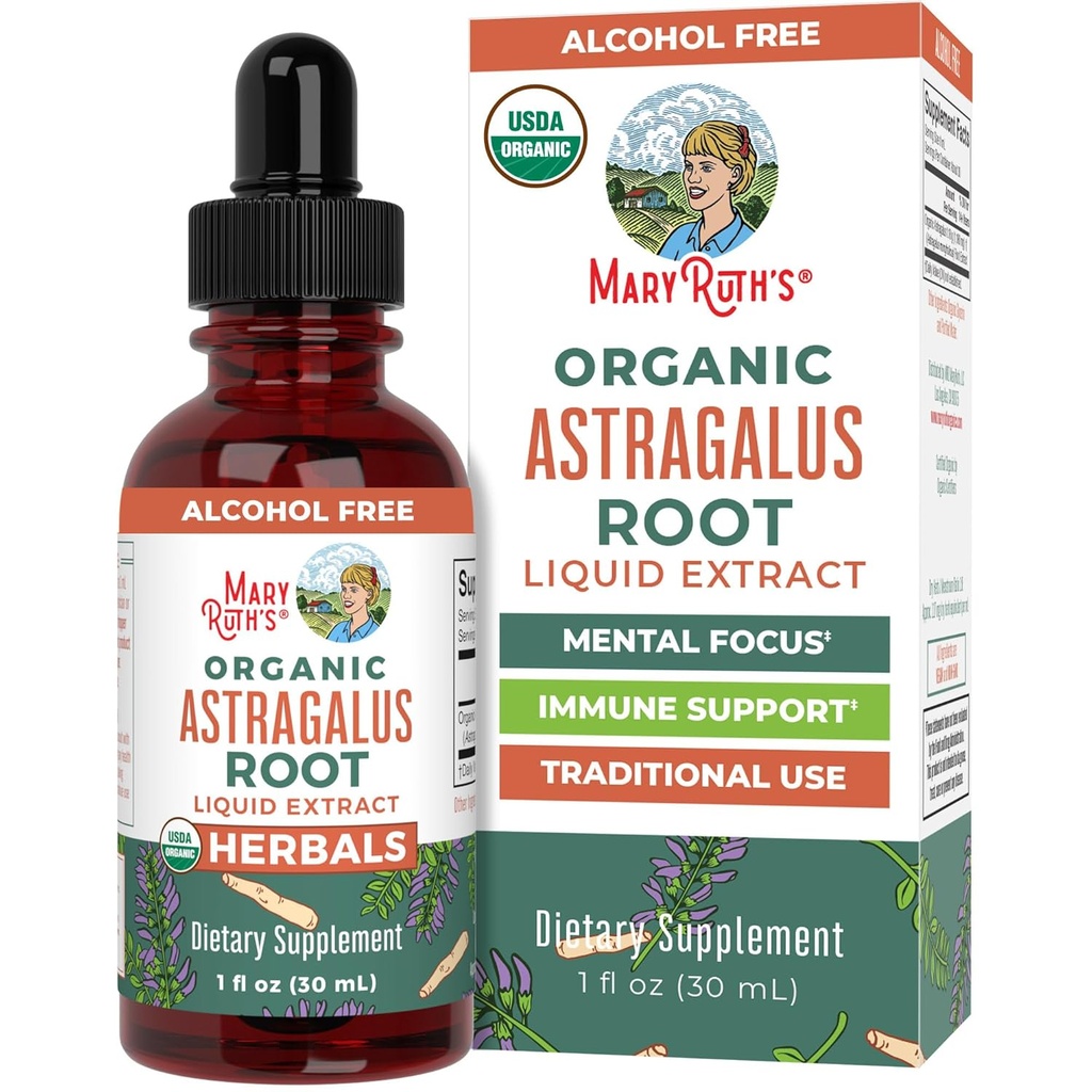 MaryRuth Organics Astragalus Root, Sugar-Free, USDA Organic, Astragalus Extract för immunstöd och fokus, Herbal Liquid Drops, Non-GMO, Vegan, 1 Fl Oz