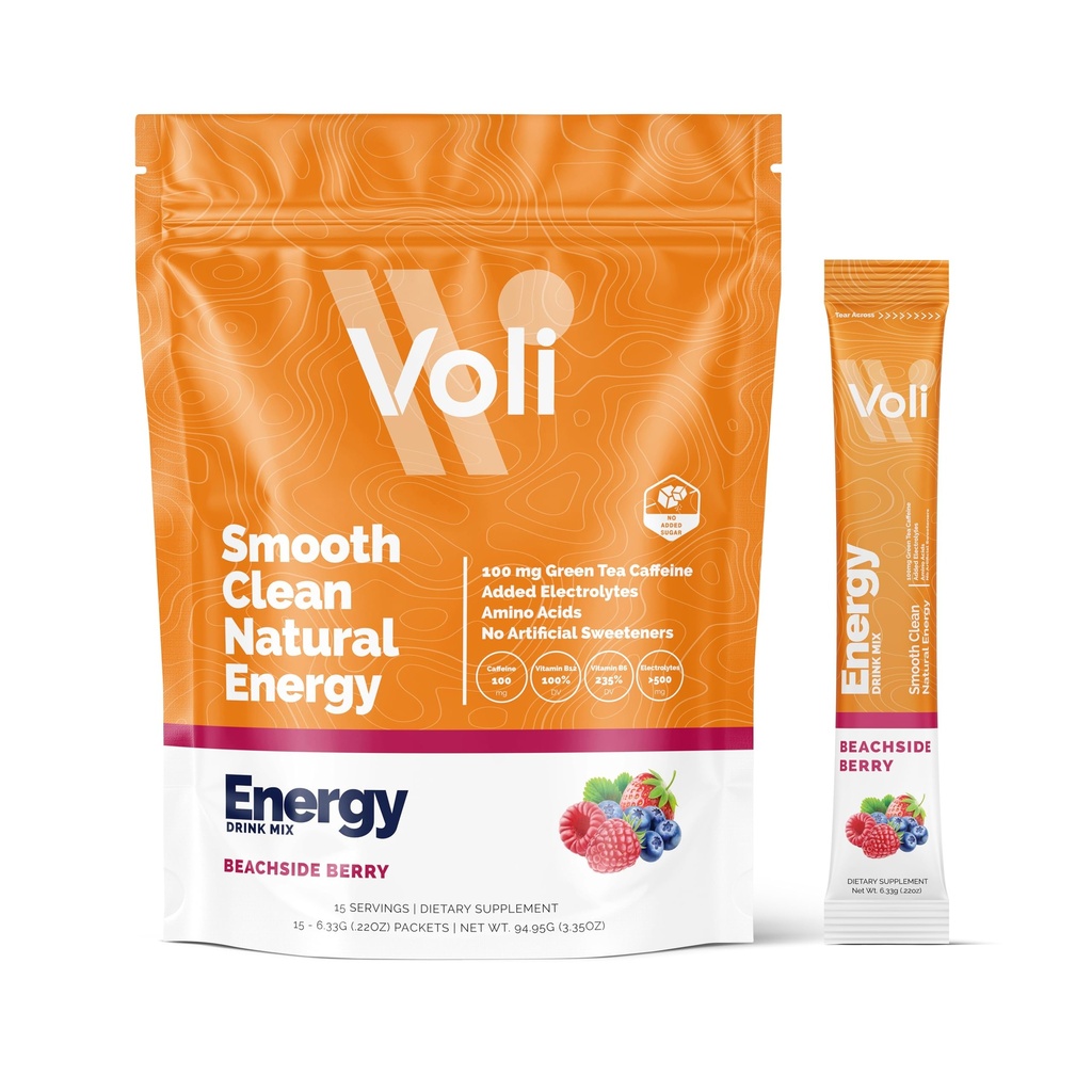 Voli Energy Drink Mix Packets | Natural Pre-Workout Powder med grön tekoffein och B-vitaminer, Aminosyror och elektrolyter för hållbar fokus, Hydration & Clean Energy | No Added Sugar, 15-Count