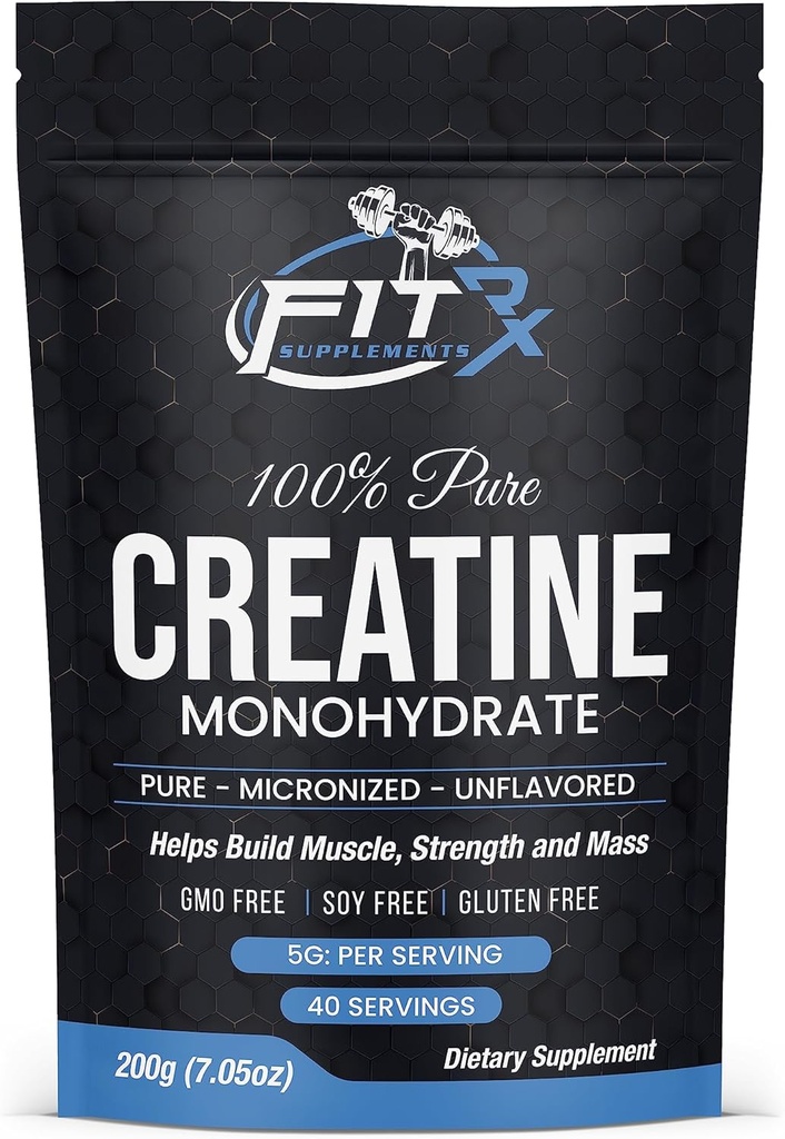 FITRxSupplements.com Pure Creatine Monohydrate Powder - Zero Added Ingredients - No Calories, 5g per Servering, Unflavored 40 Servings, 200g, Snabbupplöst