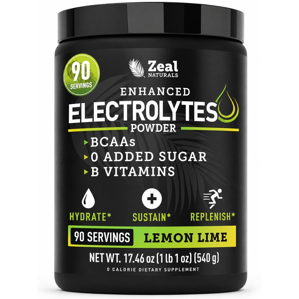 Zeal Naturals Electrolyte Powder Recovery Drink (90 portioner | Lemon Lime) w 0 Sugar +BCAAs +B-Vitamins Electrolyte Supplement w Potassium Zink & Magnesium för Hydration - Keto Electrolytes