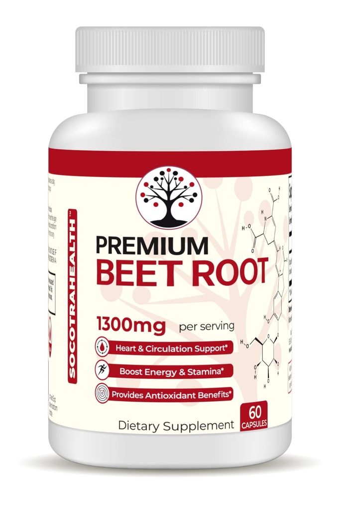 Beet Root Capsules - Premium Organic Beetroot Powder - Nitric Oxide Supplement - Hjärthälsa, cirkulation och Stamina Support - Non-GMO - 60 Vegan kapslar
