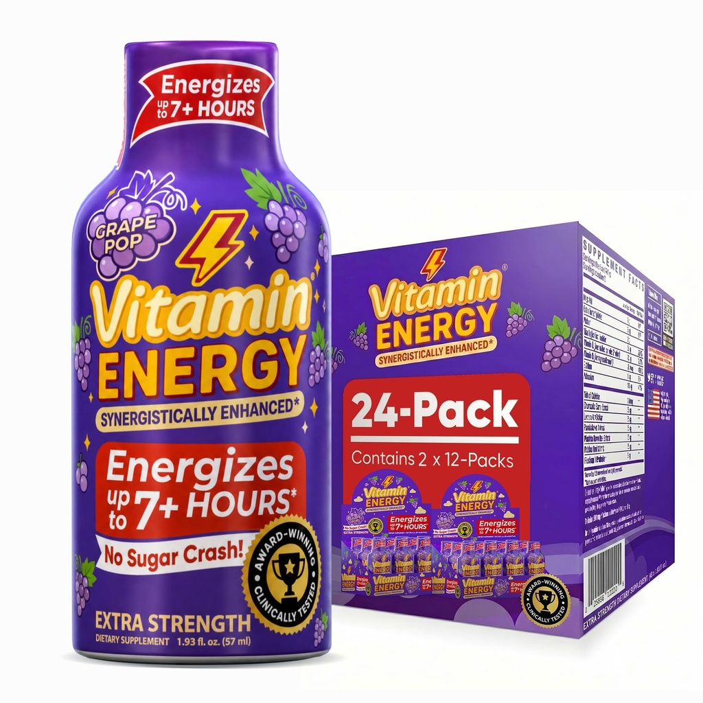 Vitamin Energy Focus+ Extra Strength Energy Shot Grape 24 Pack, 260mg Natural Caffeine, B-Vitaminer, CoQ10, Amino Acids, Focus, Productivity & Clarity, Zero Sugar, Gluten-Free, 1,93 fl oz