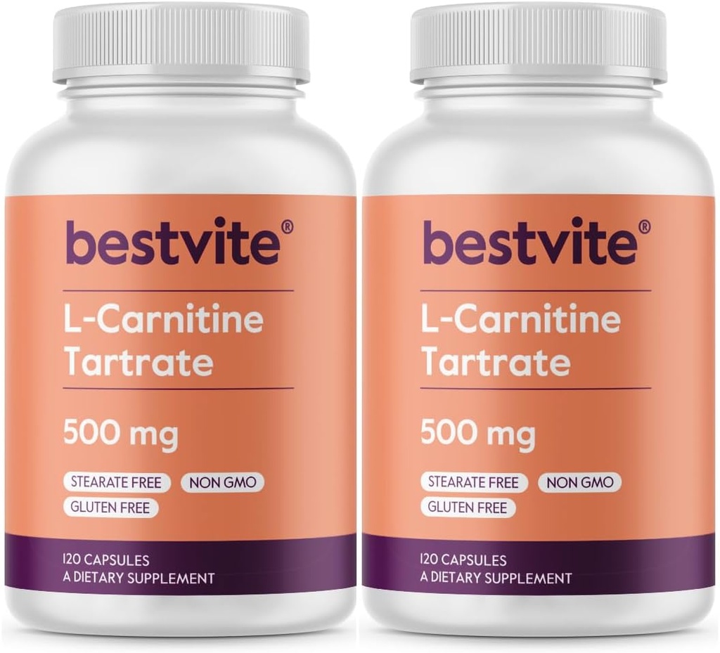 BESTVITE L-Carnitine Tartrate 500mg per kapsel (240 kapslar) (120x2) - Inga Stearates - Non GMO - Gluten Free