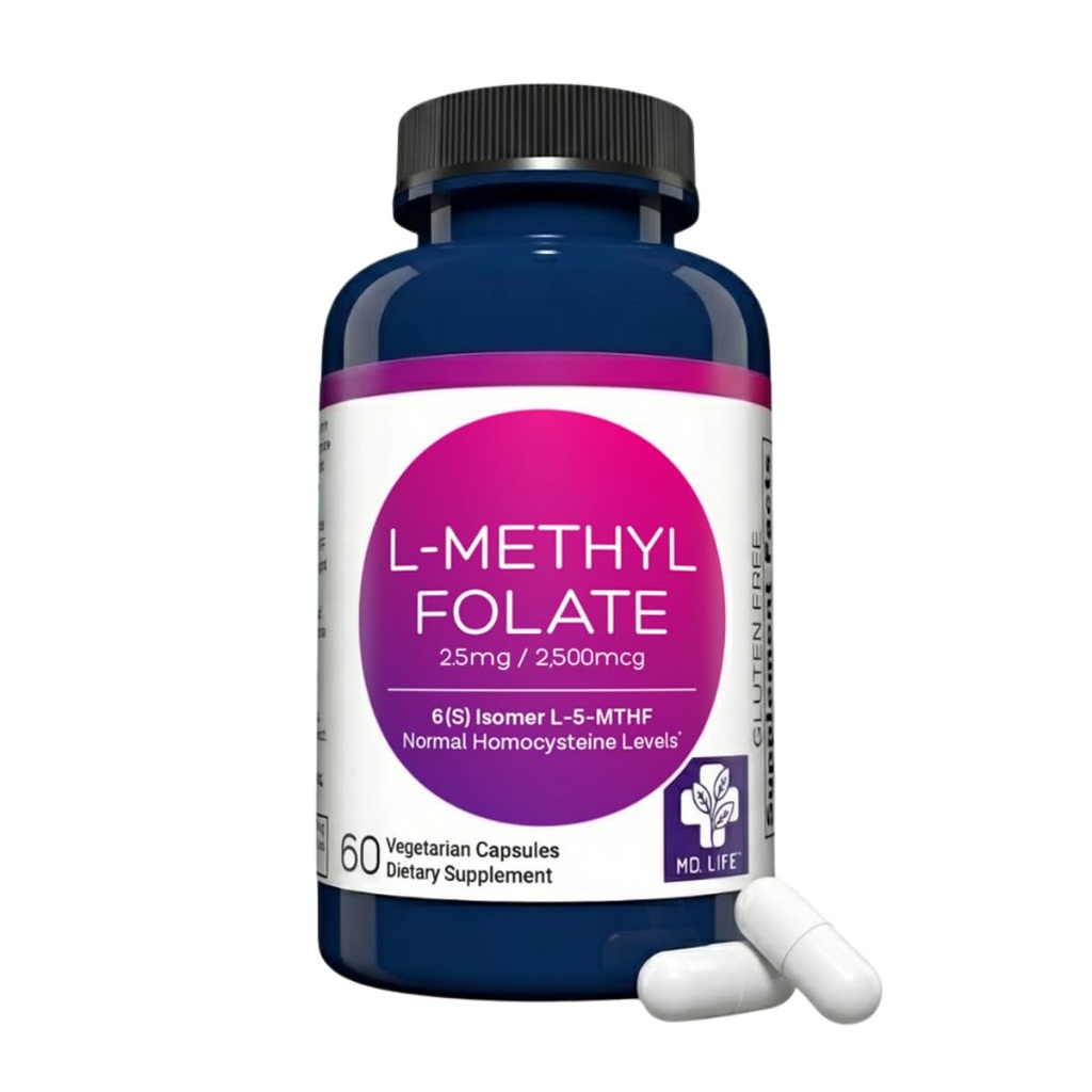 MD Life L-Methylfolat 2,5 mg Tillägg - Professionell-Grade Aktiv L Methylfolate Supplement - 60 kapslar - L-Methylfolate 2.5mg - Maximal Potens MTHFR W / Essential Amino Acids