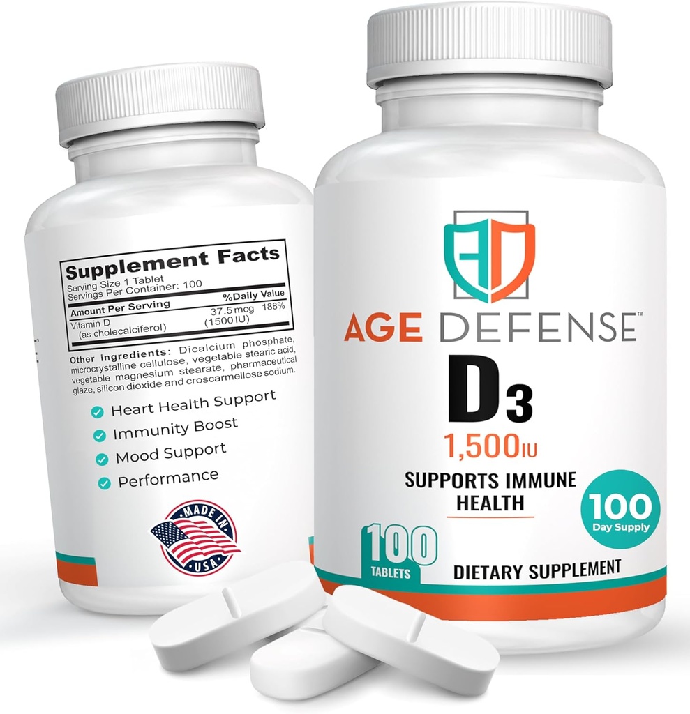 1500 IE Vitamin D3-100 Vitamin D3 tabletter för hjärthälsa, immunstöd och muskelfunktionsstöd - Hög dos vitamin D-tillskott för kvinnor och män - 35,7 mcg vitamin D3 tabletter