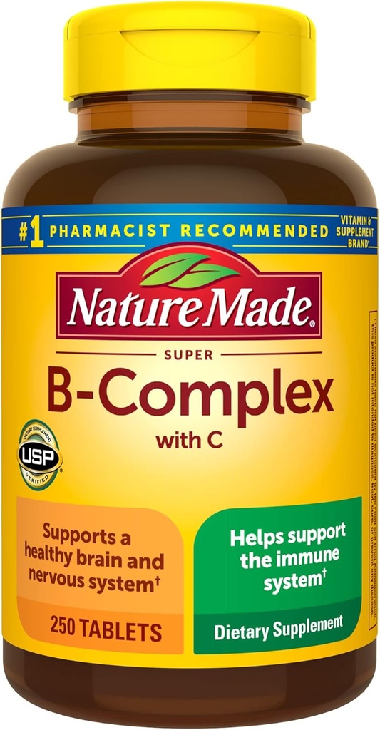 Nature Made Super B-komplex med vitamin C och folsyra, kosttillskott för immunstöd, 250 tabletter, 250 dagars leverans