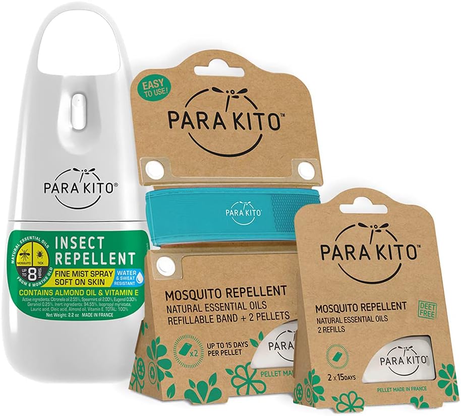 PARAKITO Mosquito, Insect & Bug Spray Bundle - Inkluderar Spray, Turquoise Wristband & 4 Refills | DEET Free, Citronella Essential Oils, Perfekt för Camping, Vandring, Travel Outdoor Aktiviteter