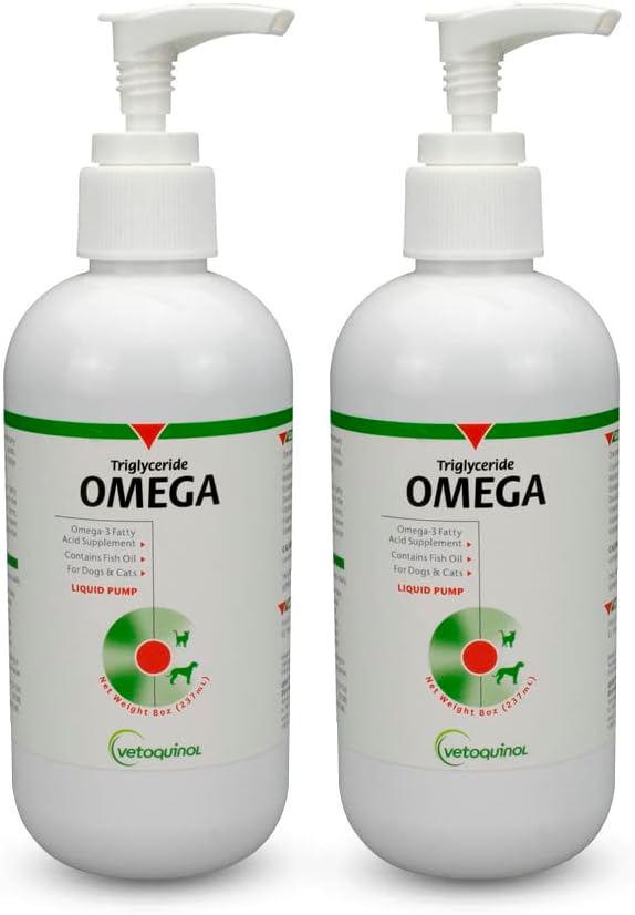 Vetoquinol Triglyceride Liquid Omega 3 Supplement för hundar och katter, flytande fiskolja tillskott w / EPA och DHA, främjar hud, rock, gemensam och immun hälsa, Omega 3 fiskolja för hundar och katter, 8oz, 2 Pack