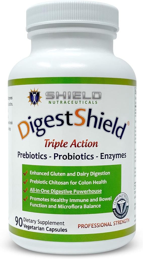 DigestShield® Probiotic & Prebiotic Supplement + Digestive Enzymes, Beat The Bloat, Safely Digest Dairy, Gluten och bearbetade livsmedel, minska fettabsorption med Chitosan, 90-Meal Supply