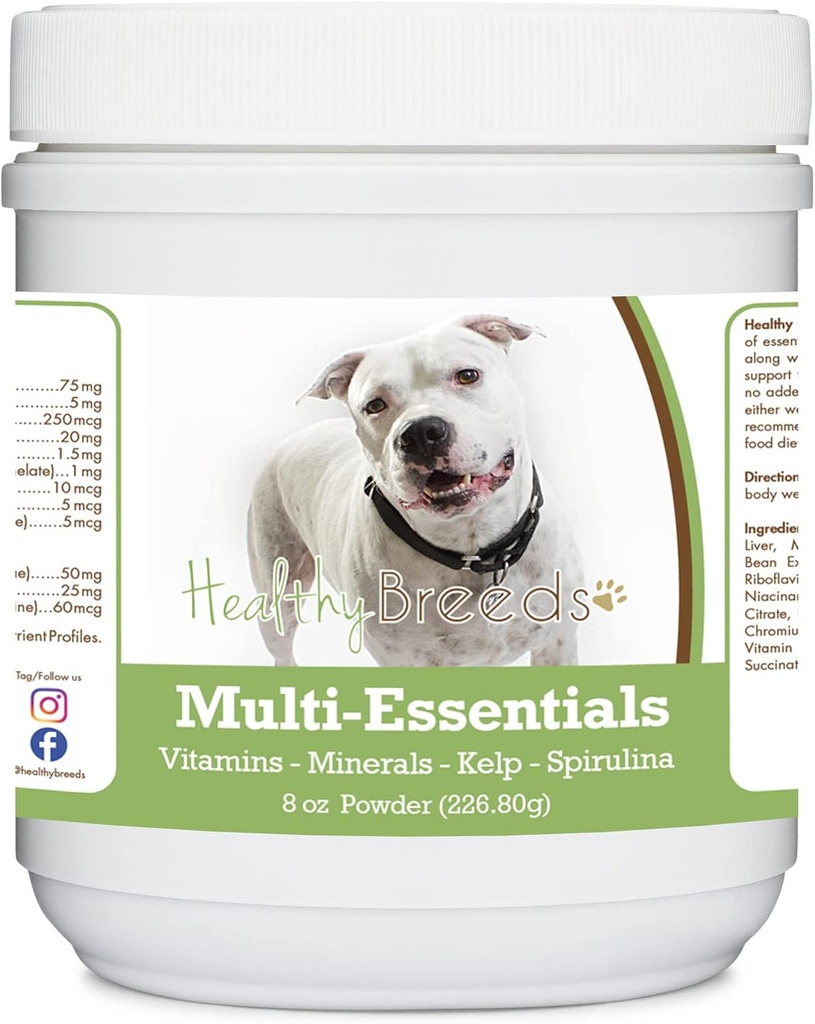 Hälsosamma raser Pit Bull, White, Multi-Essentials Powder för hundar - ett idealiskt tillskott av vitaminer, mineraler och antioxidanter för din hund - 8 oz