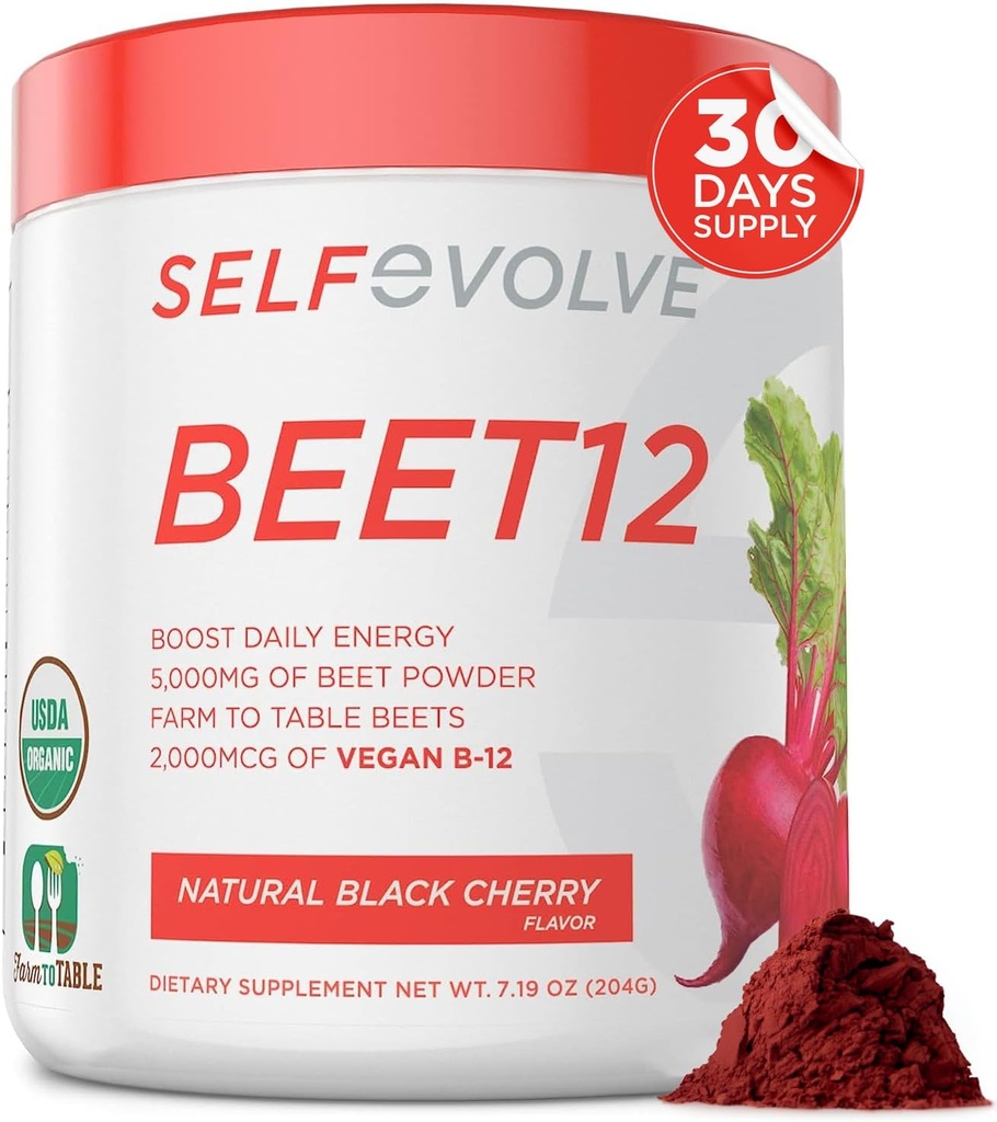 selfevolve Beet12 - Organic Beet Root Powder Förbättrad med vitamin B12, Nitric Oxide Booster, Beet Juice Powder Support Natural Energy, Beet Powder med Black Cherry Flavor, 30 portioner