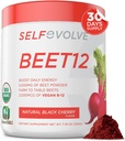 selfevolve Beet12 - Organic Beet Root Powder Förbättrad med vitamin B12, Nitric Oxide Booster, Beet Juice Powder Support Natural Energy, Beet Powder med Black Cherry Flavor, 30 portioner