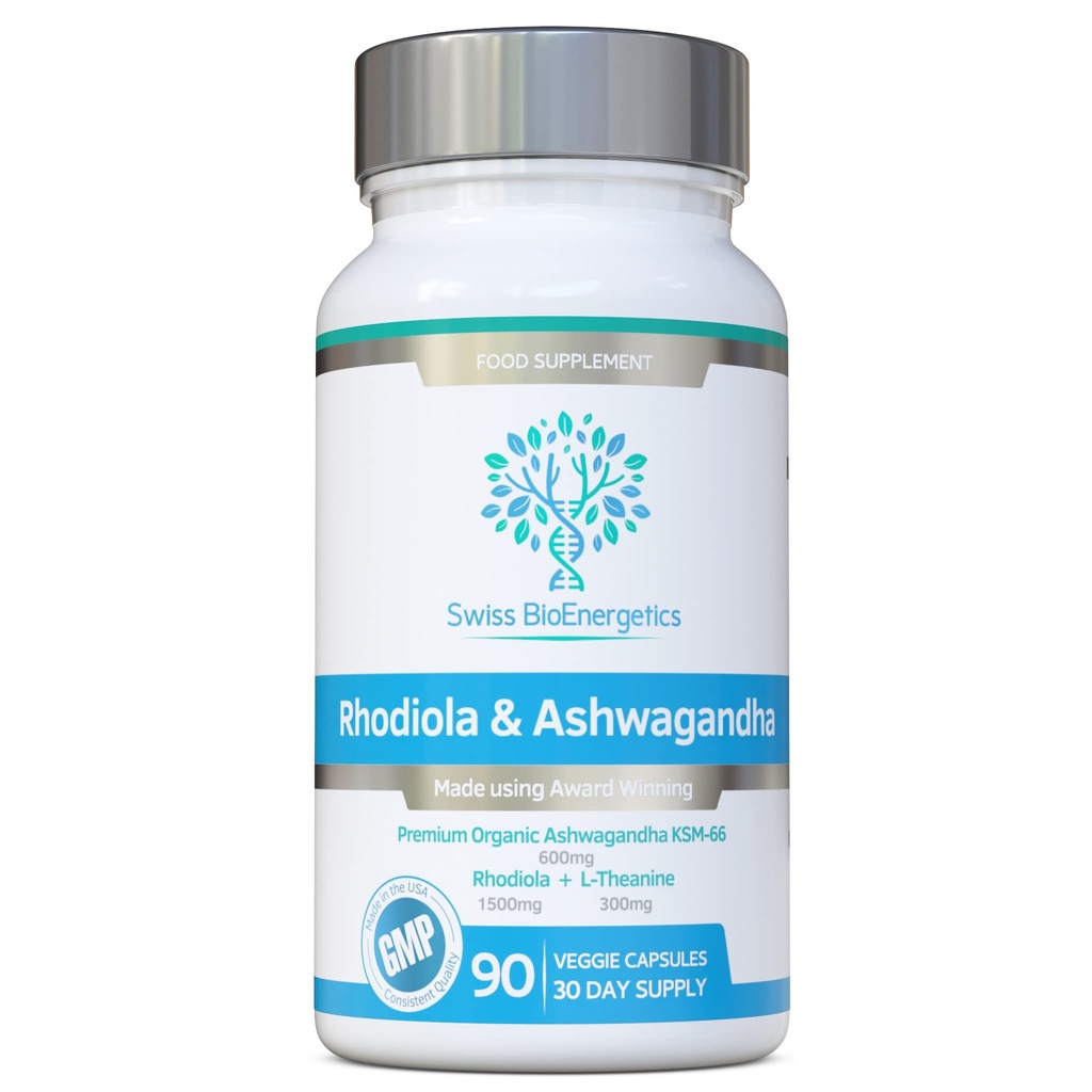 Rhodiola & Ashwagandha with L-Theanine - Award Winning Ashwagandha KSM-66 600mg & 1500mg Rhodiola (3% Rosavins - 1% Salidrosides) whole root equivalent- adaptogen combo- No artificial fillers