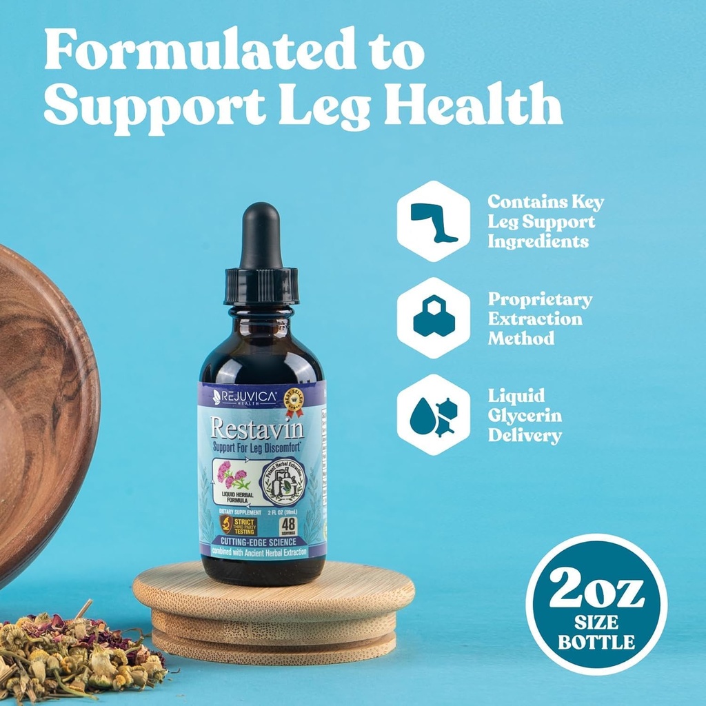 Restavin - Advanced Leg Support Supplement - Liquid Delivery för bättre absorption - Vitamin C, järn, Valerian, gurkmeja, Magnesium och mer!