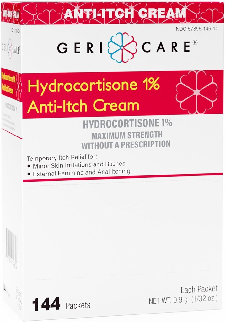 Gericare Hydrocortisone 1% Anti-Itch Cream, Maximal Styrka, 144 grevepaket, 0.5oz Varje Packet (Pack av 1)