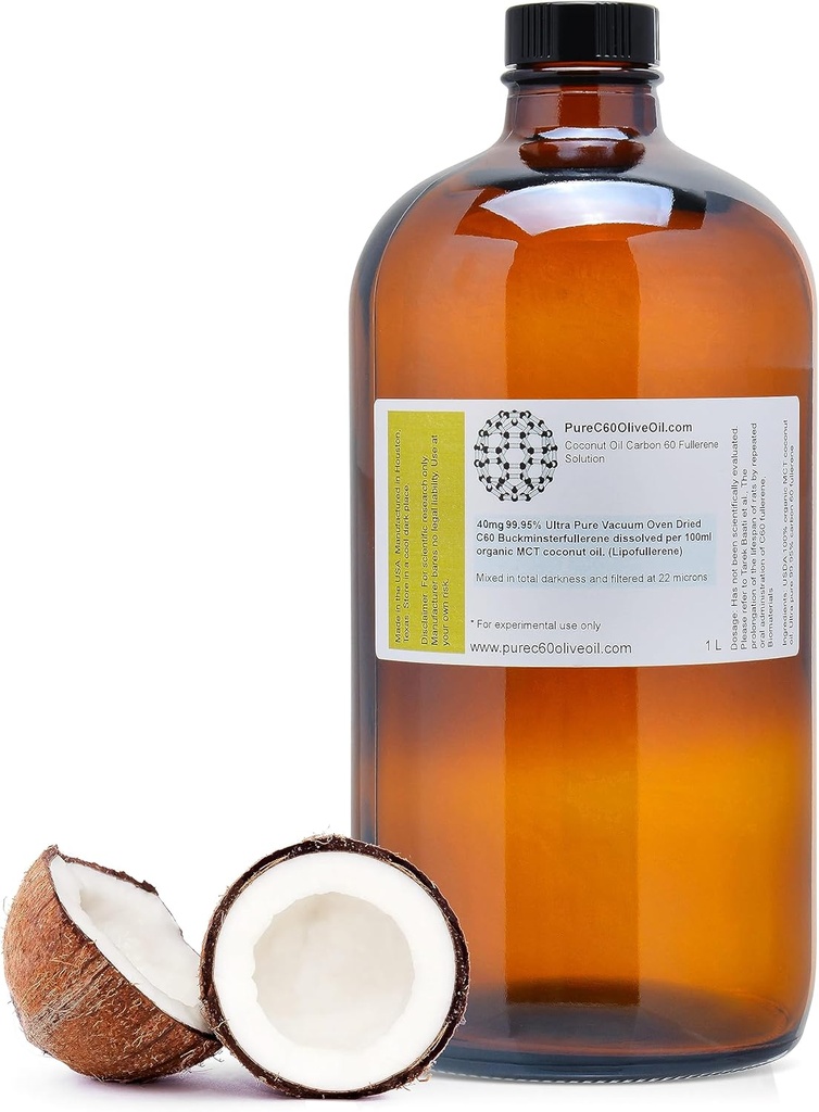 PureC60OliveOil C60 Organic MCT Coconut Oil 1L / 33,8 Fl Oz - 99,95% Kol 60 lösningsmedel Fri 400 mg - Amber Glass flaska - Kol 60 Kokosolja - från den ledande globala tillverkaren