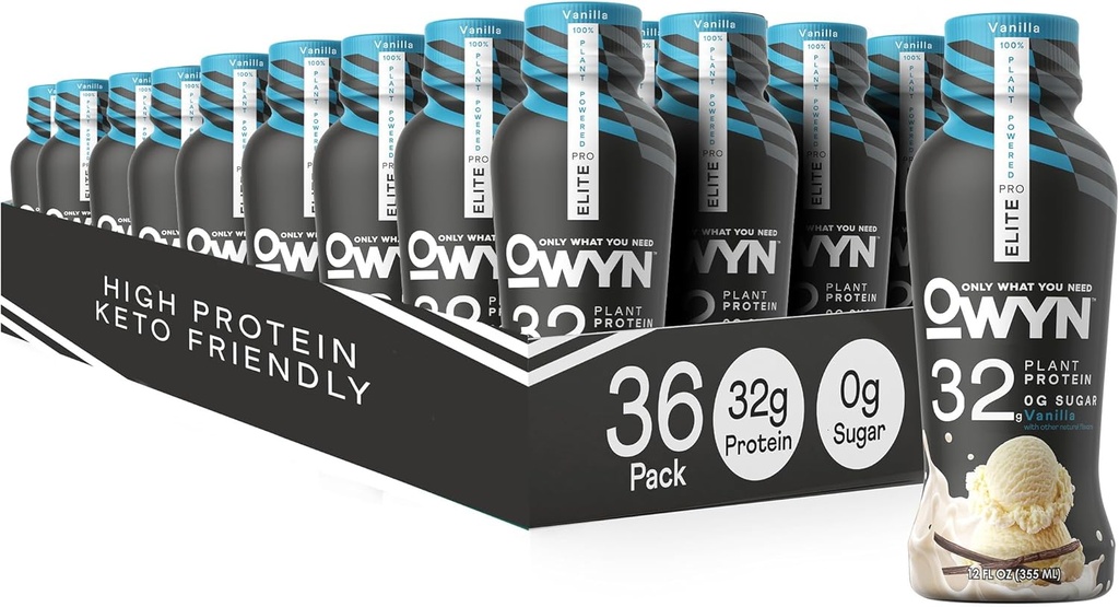 OWYN Endast vad du behöver Pro Elite Vegan High Protein Keto Shake, 32g Protein, 9 Aminosyror, Omega-3, Prebiotika, träning och återhämtning, 0g Net Carbs, Zero Sugar (Vanilla, 12 Fl Oz (Pack på 36)