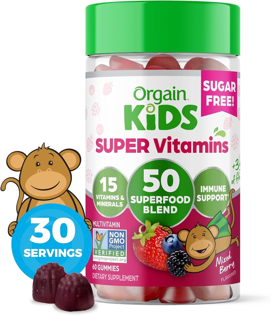 Orgain Kids Sugar Free Multivitamin Gummies, Vegan & Plant Based, 50 Superfoods, 15 Vitaminer och Minerals, Immune Support och 3g Fiber, Mixed Berry, Ages 4 +, 1 månads leverans (60 Gummies)