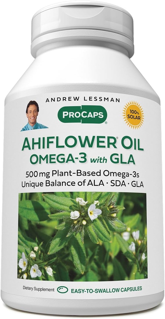 ANDREW LESSMAN Ahiflower Omega-3 med GLA - 60 Softgels - Unikt balanserad, växtbaserad källa av viktiga Omega-3 fettsyror. Ingen mage upprörd, föroreningar eller kvicksilver. Lätt att svälja
