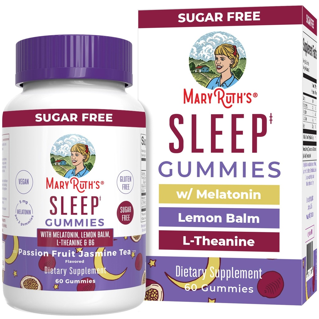 MARYRUTH'S Melatonin 5mg Sleep Gummy med L-Theanine | Lemon Balm | Vitamin B6 | Sugar-Free | Avkoppling | Vegan | Non-GMO | Gluten Free | 60 greve