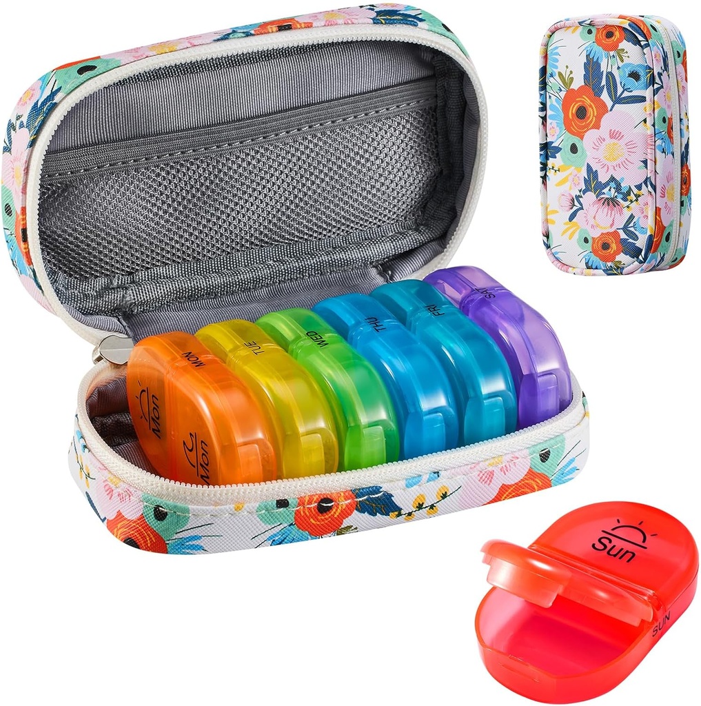 Serfeymi Weekly Travel Pill Organizer 2 Times A Day AM PM Uppgraderad Rainbow Pill Box 7 Dag med Portable Zipper PU Leather Pill Case, Medicine Organizer för piller, vitaminer, fiskoljor - Blomster 03