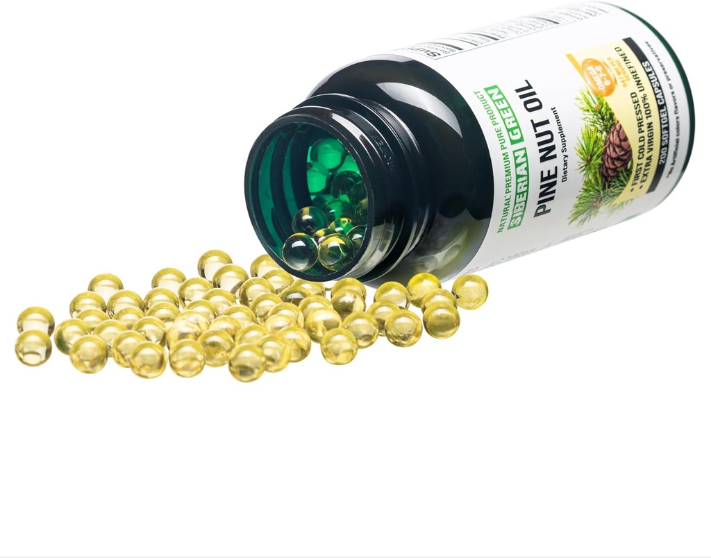 Siberian Green Pine Nut Oil Capsules 200 Softgels Wild Harvested Siberia Altai Cold Pressad Orafined