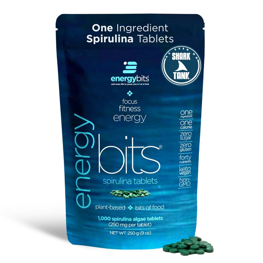 ENERGYBITS - Organic Spirulina Tablets - Plant-Based Algae Superfood - för Fokus, Fitness, Energy - Plant Protein - Gluten Free - Collagen, Vitamin B12, Omega 3 - Keto & Vegan - 1000 Alger Tabletter
