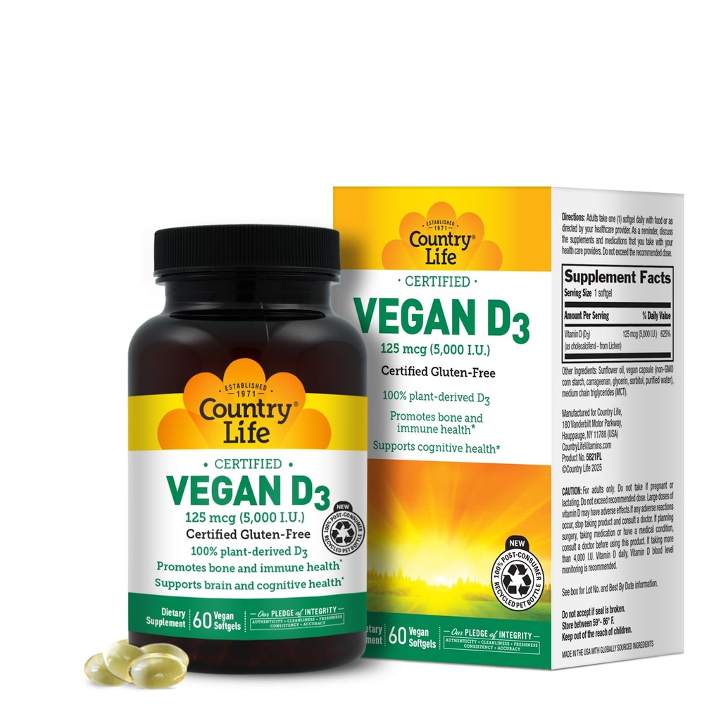 Country Life Vegan D3 5000 IE - Plant-Derived Vitamin D3 från Lichen - High Potency Immune & Bone Support - Certified Vegan, Gluten-Free, Non-GMO - 60 Softgels