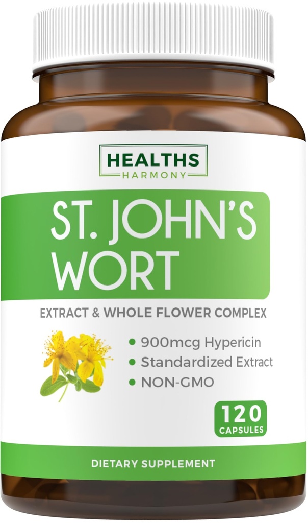 St John's Wort Capsules - Kraftfull och potent Saint John's Wort Extract & Whole Herb Complex Standardized till 900mcg Hypericin för balansering av daglig humörstöd - Vegan Non-GMO & Lab Verified (120 Caps)