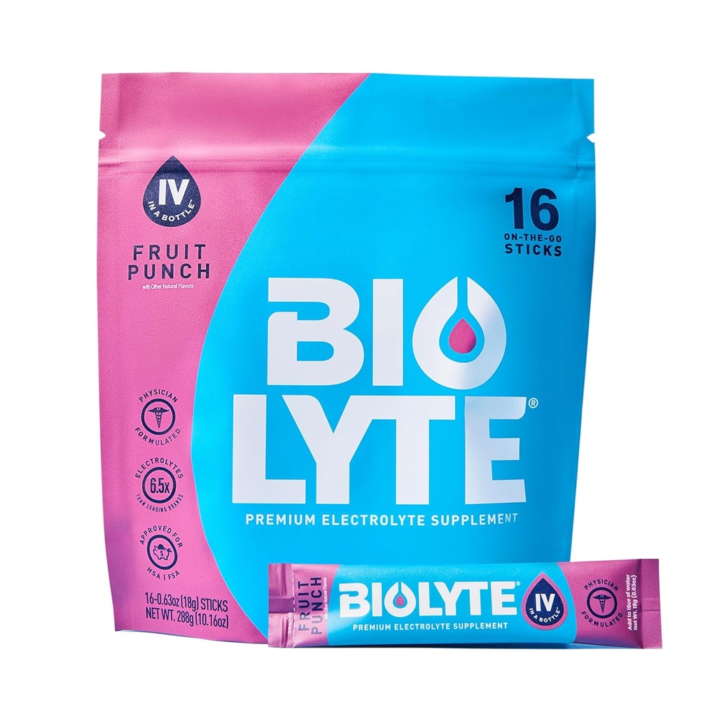 BIOLYTE IV Electrolyte Powder Packets, IV Liquid Drink Mix for Water, Doctor-Developed Hydration, HSA & FSA Godkänd Dehydration Relief, Chemotherapy Must Haves for Women, Men- Fruit Punch (16 Sticks)